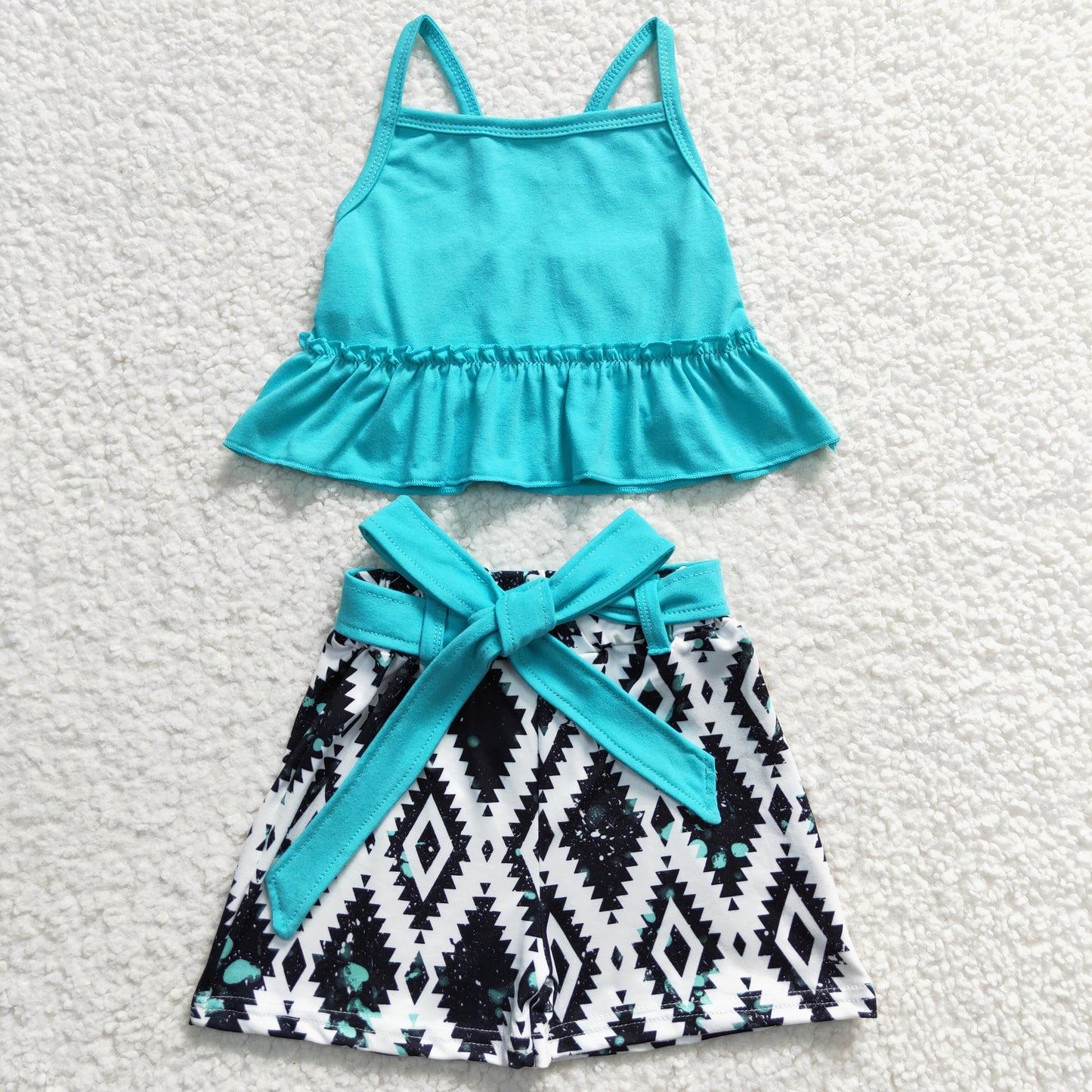 mint green strap ruffle crop aztec shorts set girl
