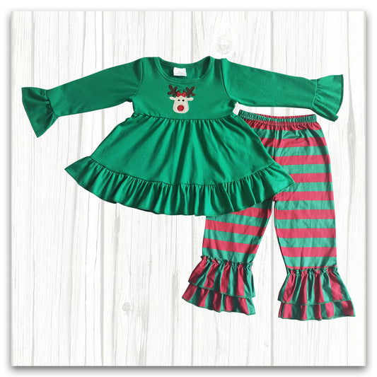 girl christmas outfit reindeer embroidery red green stripe pants set