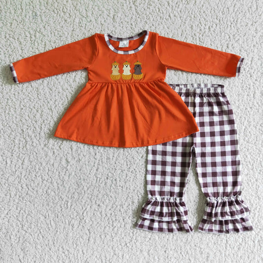 autumn embroidery outfit orange cotton top plaid ruffle pants set