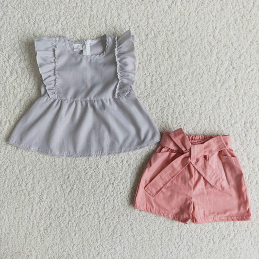 little girl gray pink woven outfit shorts set summer