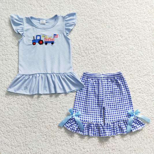 4th of july blue cotton embroidery shorts set girl