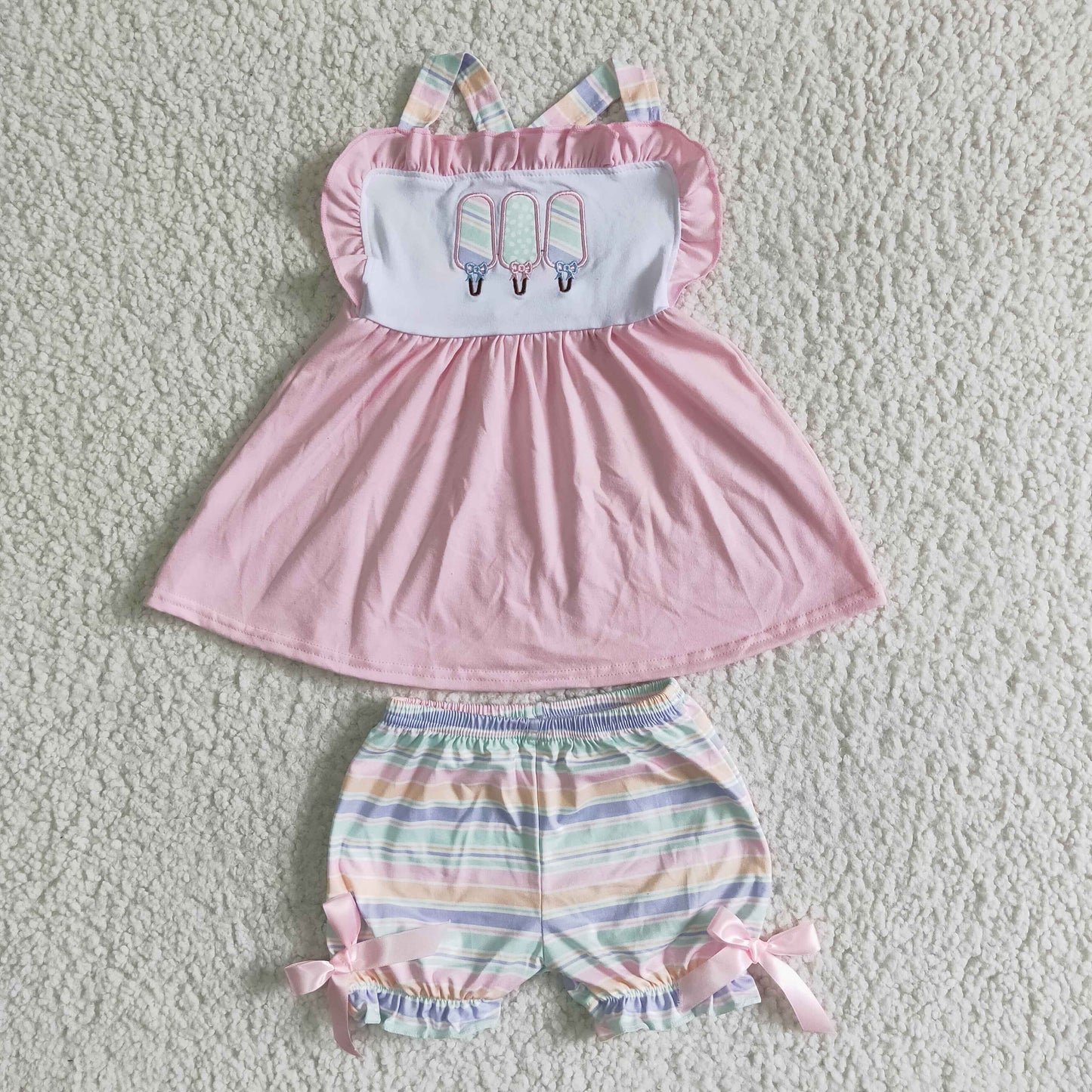 girl's pink popsicle embroidery stripe shorts set