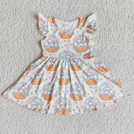 flutter sleeve cute bunny basket print dress