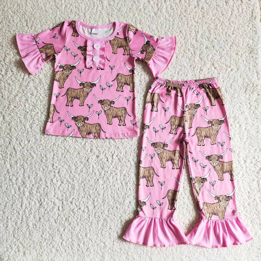 girl pink highland cow pajama set