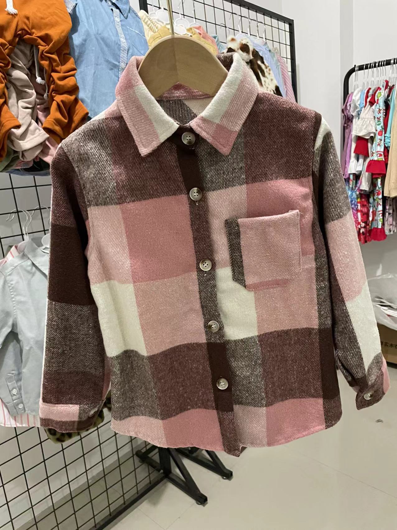 children's clothing girl pink flannel plaid button coat