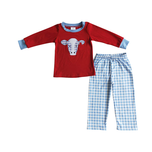 christmas red cotton shirt cow head embroidery blue plaid straight pants set for boy
