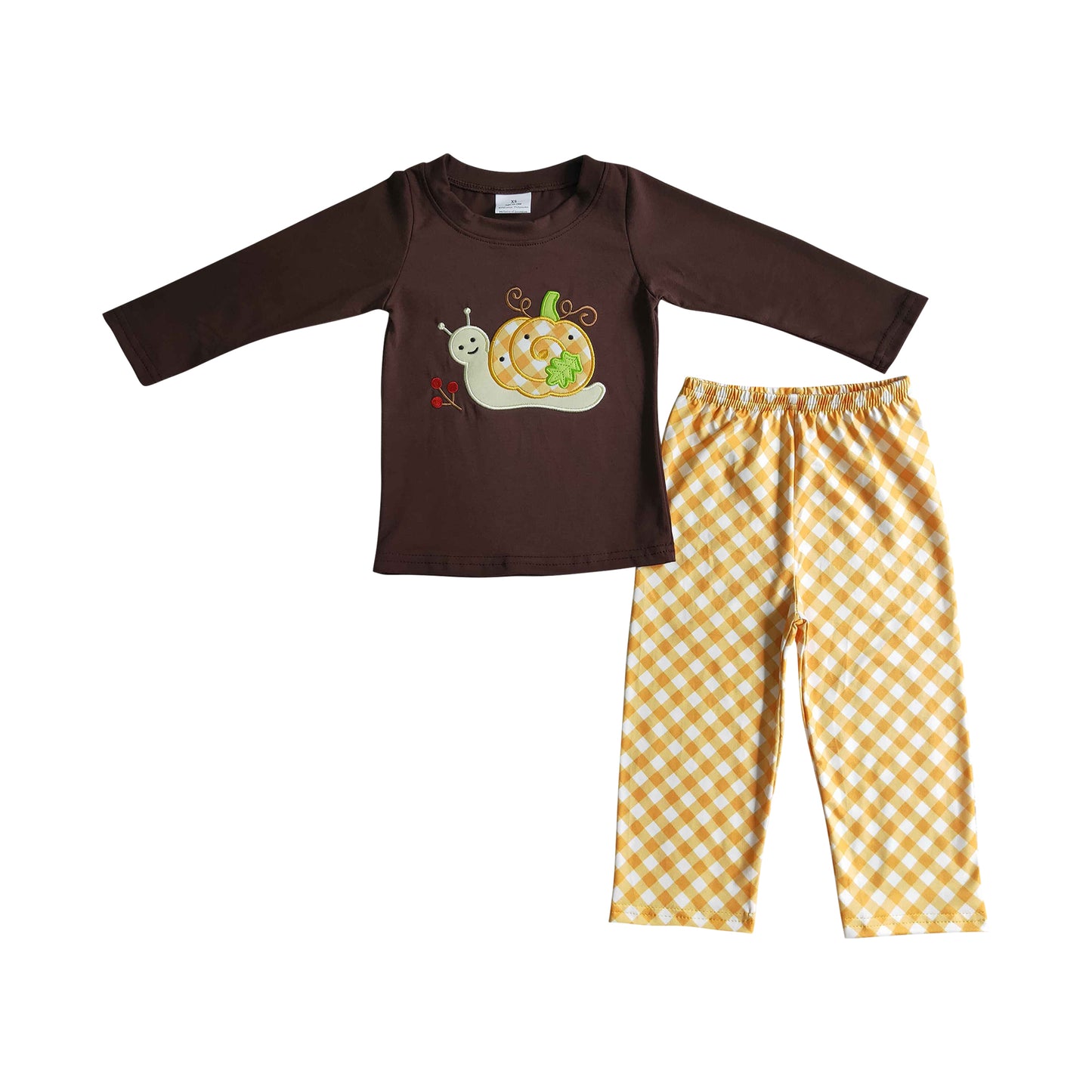 fall pumpkin snail embroidery outfit plaid pants set for baby boy