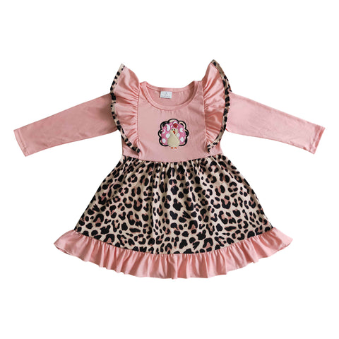 pink leopard turkey embroidery ruffle dress for thanksgiving day