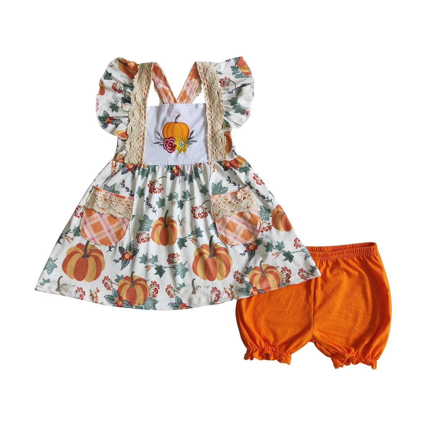 girl fall clothing floral pumpkin embroidery cross top orange shorts set