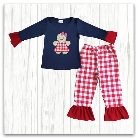 girl christmas gingerbread embroidery outfits red plaid pants set