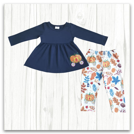 girl fall pumpkin car embroidery outfit