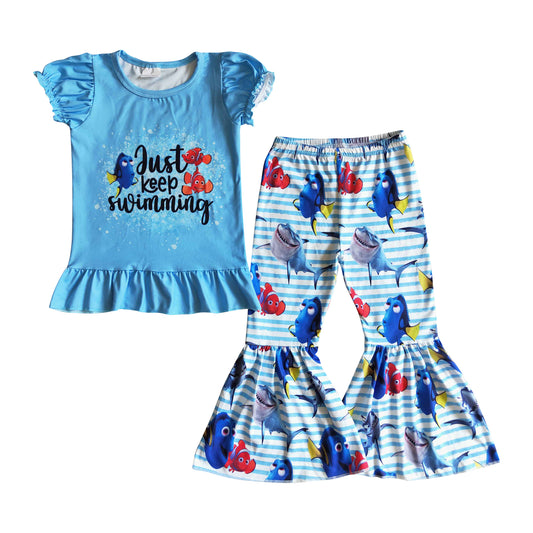 kids cute blue shark fish print outfit for girl