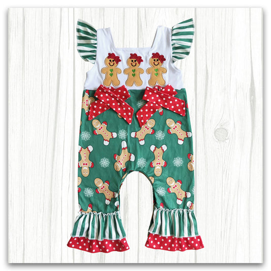 girl christmas cute gingerbread embroidery romper