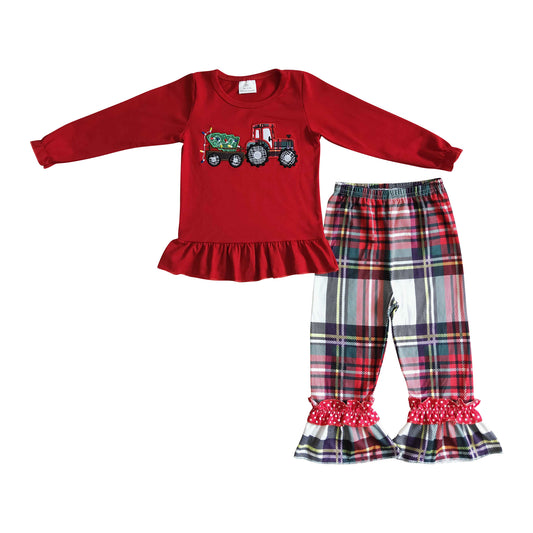 kids christams truck embroidery plaid pants outfit for girls