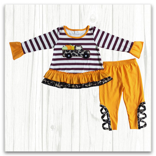 fall outfit for girl pumpkin truck embroidery mustard color
