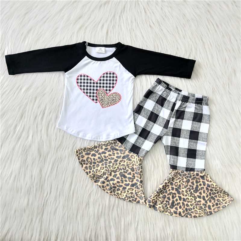 girl valentine's day clothing 2 heart print plaid bell bottom pants set
