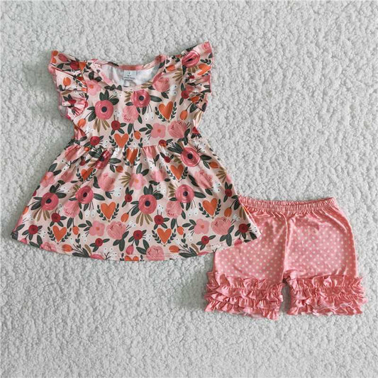 baby girl’s summer outfit peach floral ruffle shorts set