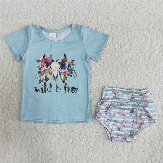 wild and free baby girl blue cow bummie set