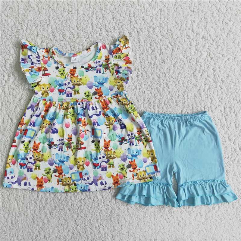 girl's outfit animal blue shorts set summer clothing