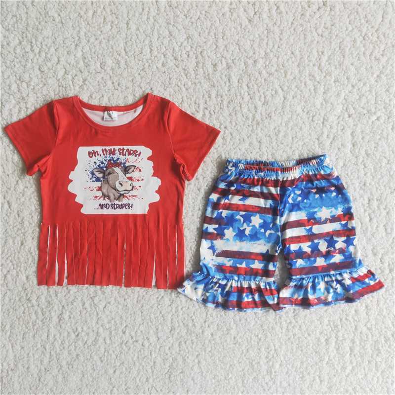 oh my stars and stripes girl 4th of july cow shorts set