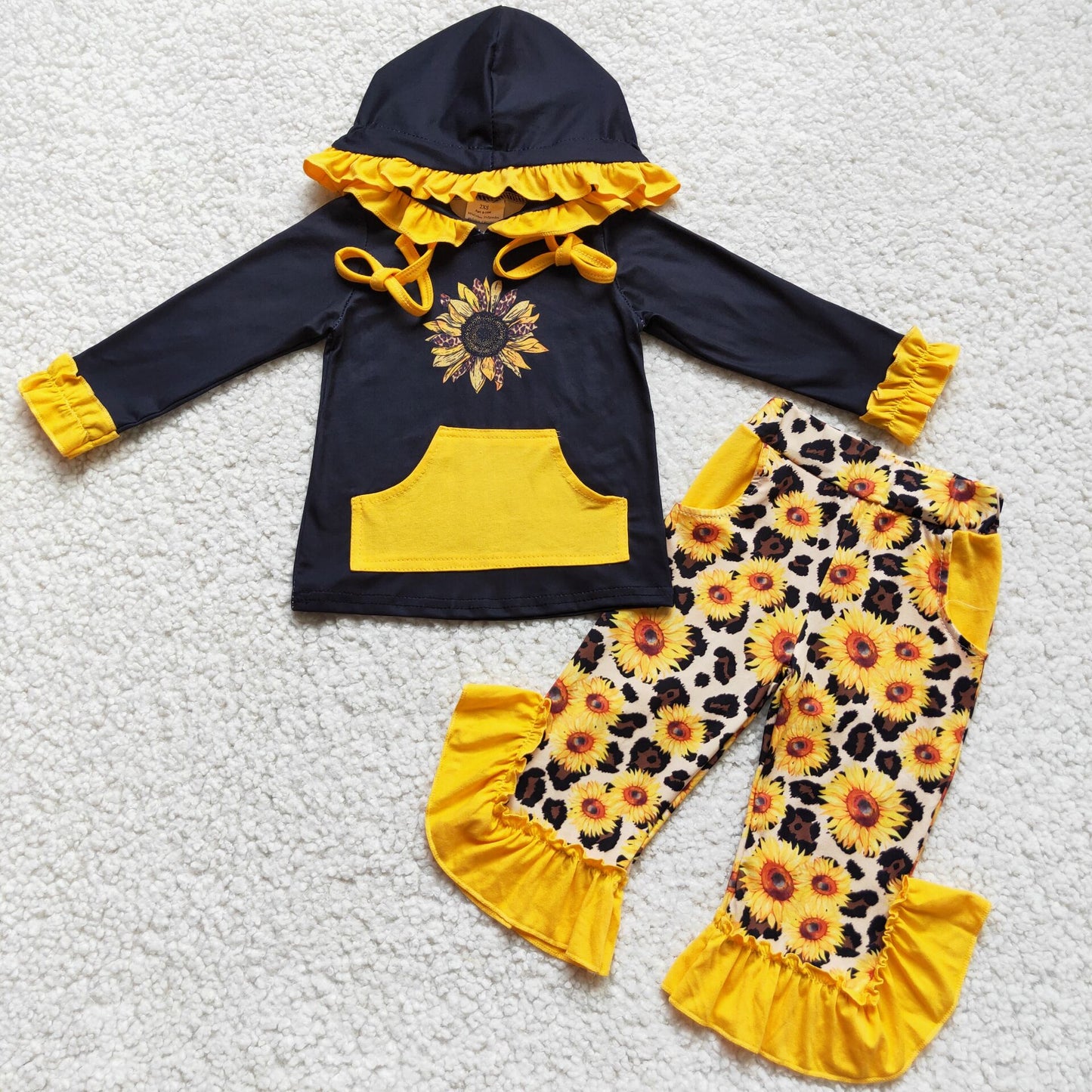 Yellow and Black Sunflower Hoodie Ruffle Pants Set