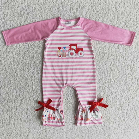 girl valentine heart truck pink stripe ruffle romper
