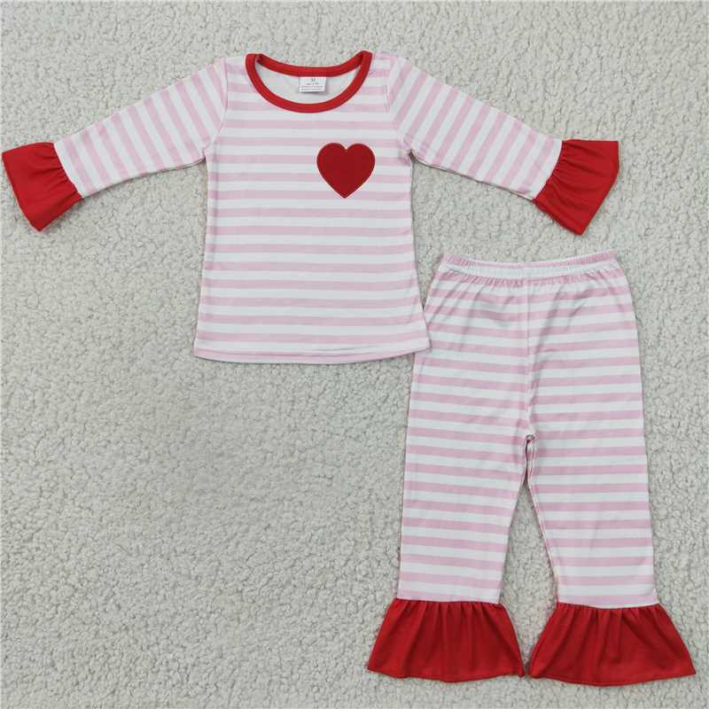 girl pink stripe pajama with heart embroidery