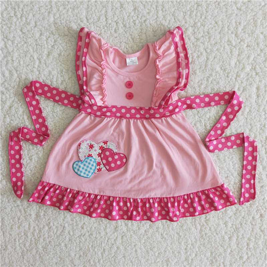 pink 3 heart embroidery dress with sash
