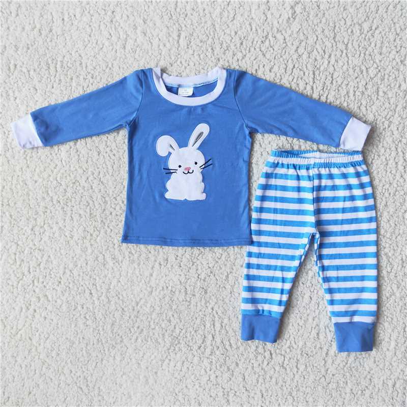 easter long sleeve blue cotton rabbit embroidery top stripe pants pajamas outfits boy