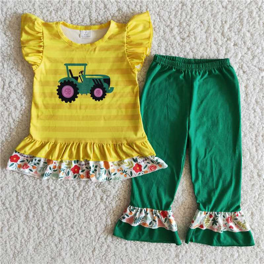 Tractor & Flowers green pants set