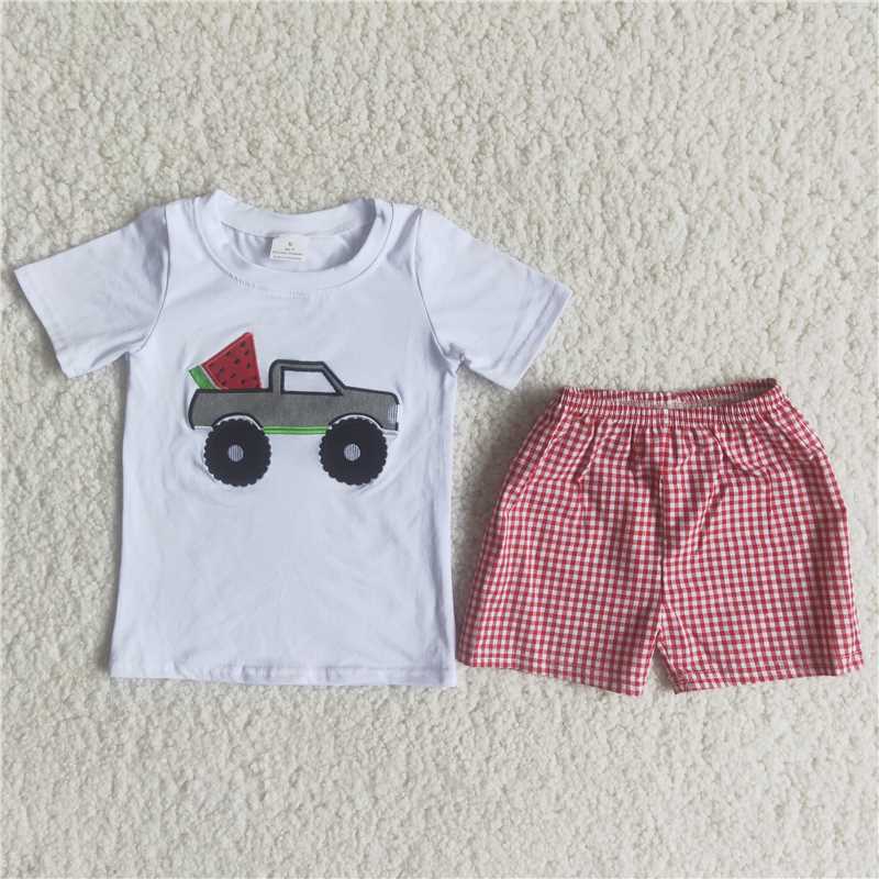 watermelon truck embroidery red plaid woven shorts set boy
