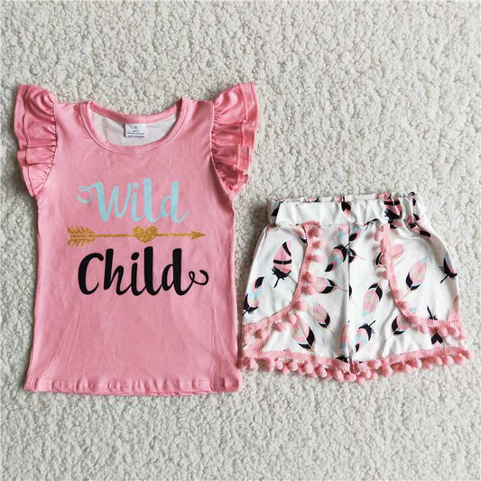 girl’s summer outfit pink wild child shorts set