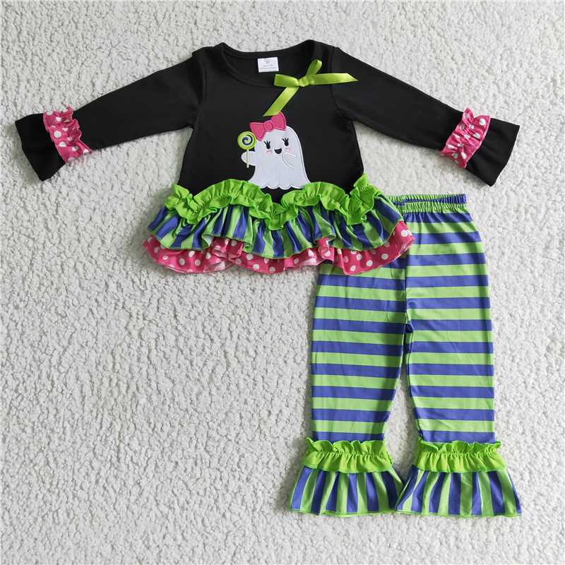 black ruffle boo embroidery romper for baby girl