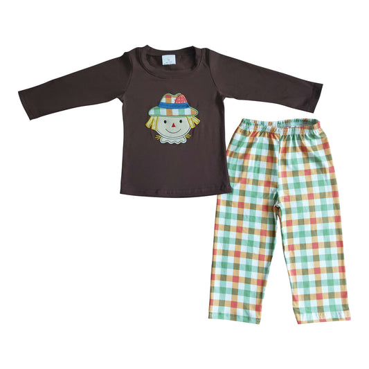 boy fall scarecrow embroidery outfit plaid pants set