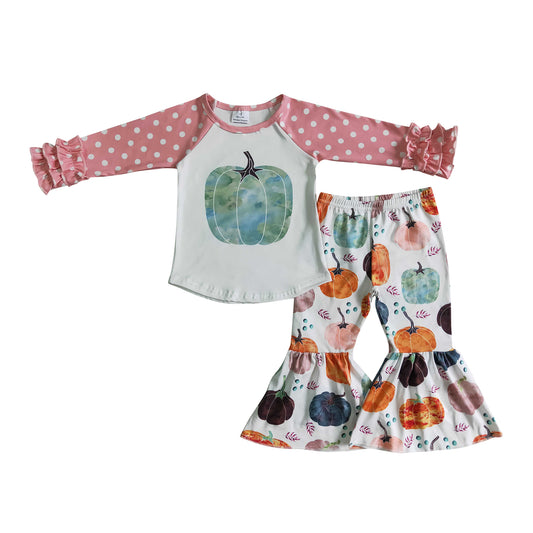 girl fall pink dots ruffle sleeve pumpkin outfit