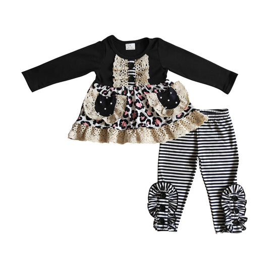 kids winter clothes black lace pocket ruffle outfit stripe leggings set
