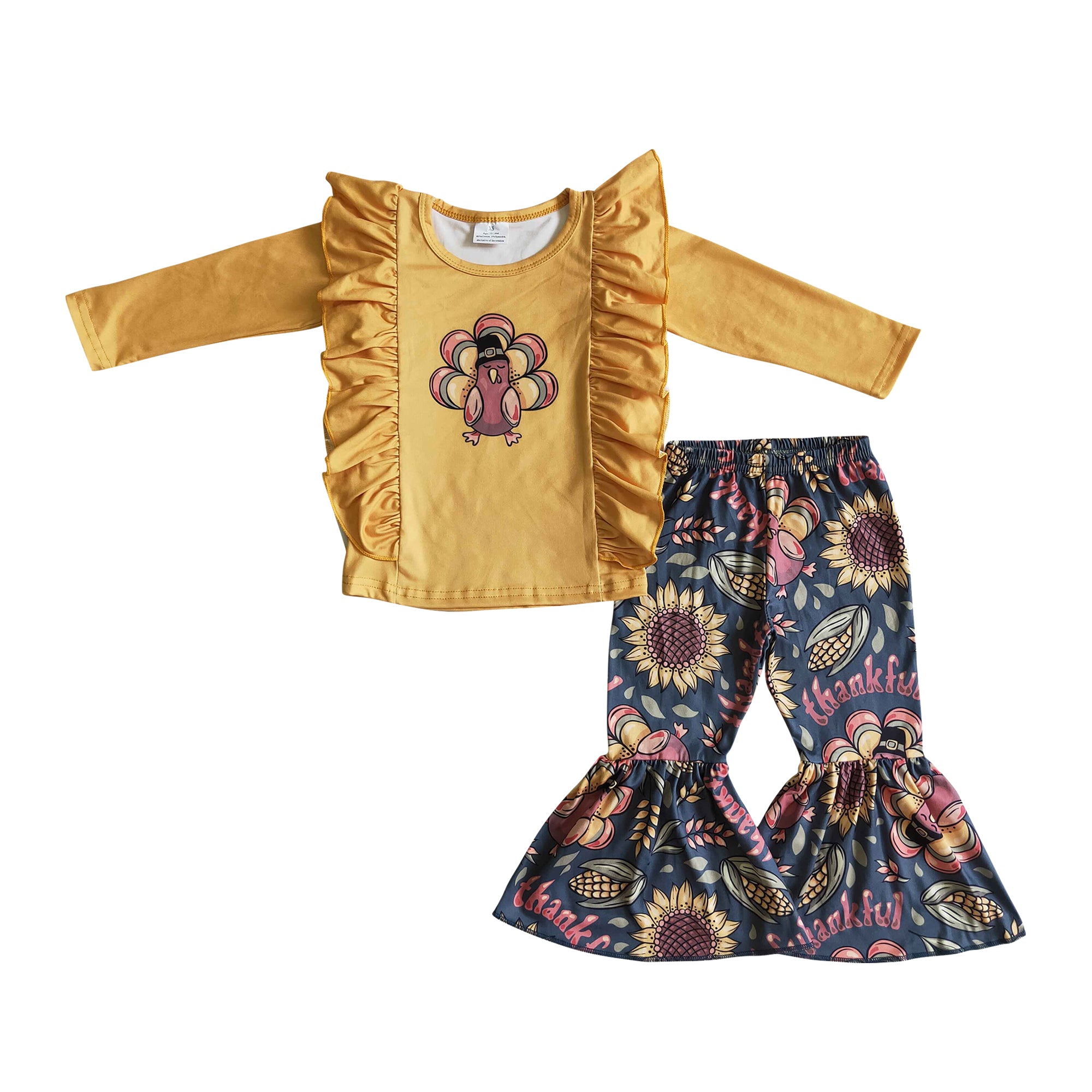 thanksgiving turkey print mustard ruffle shirt pants set for baby girl