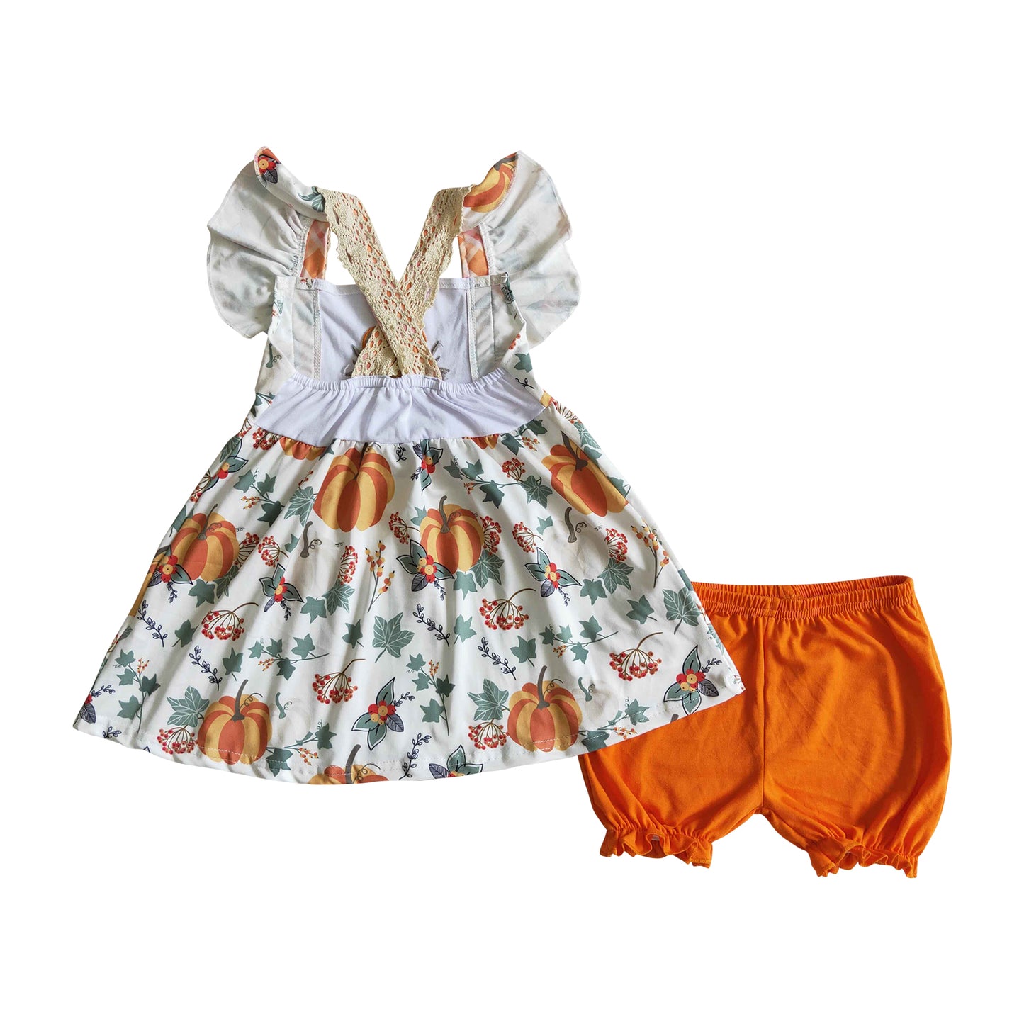 girl fall clothing floral pumpkin embroidery cross top orange shorts set