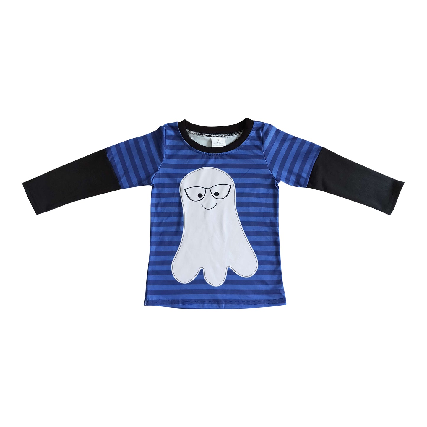 boys blue stripe boo print long sleeve shirt for halloween