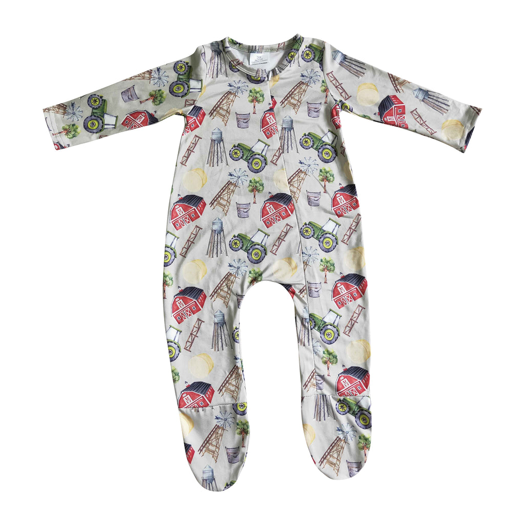 farm print baby romper with zip