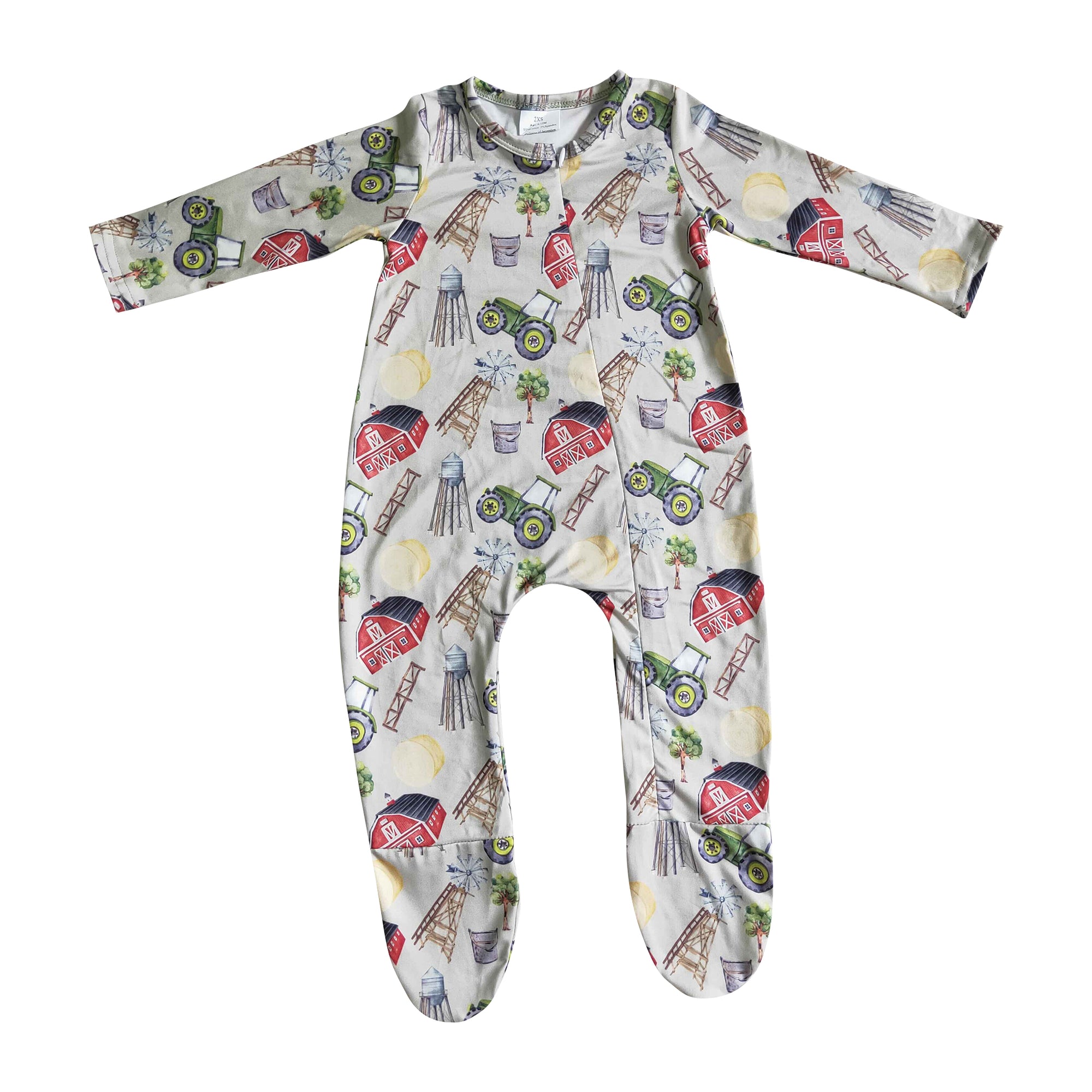 farm print baby romper with zip