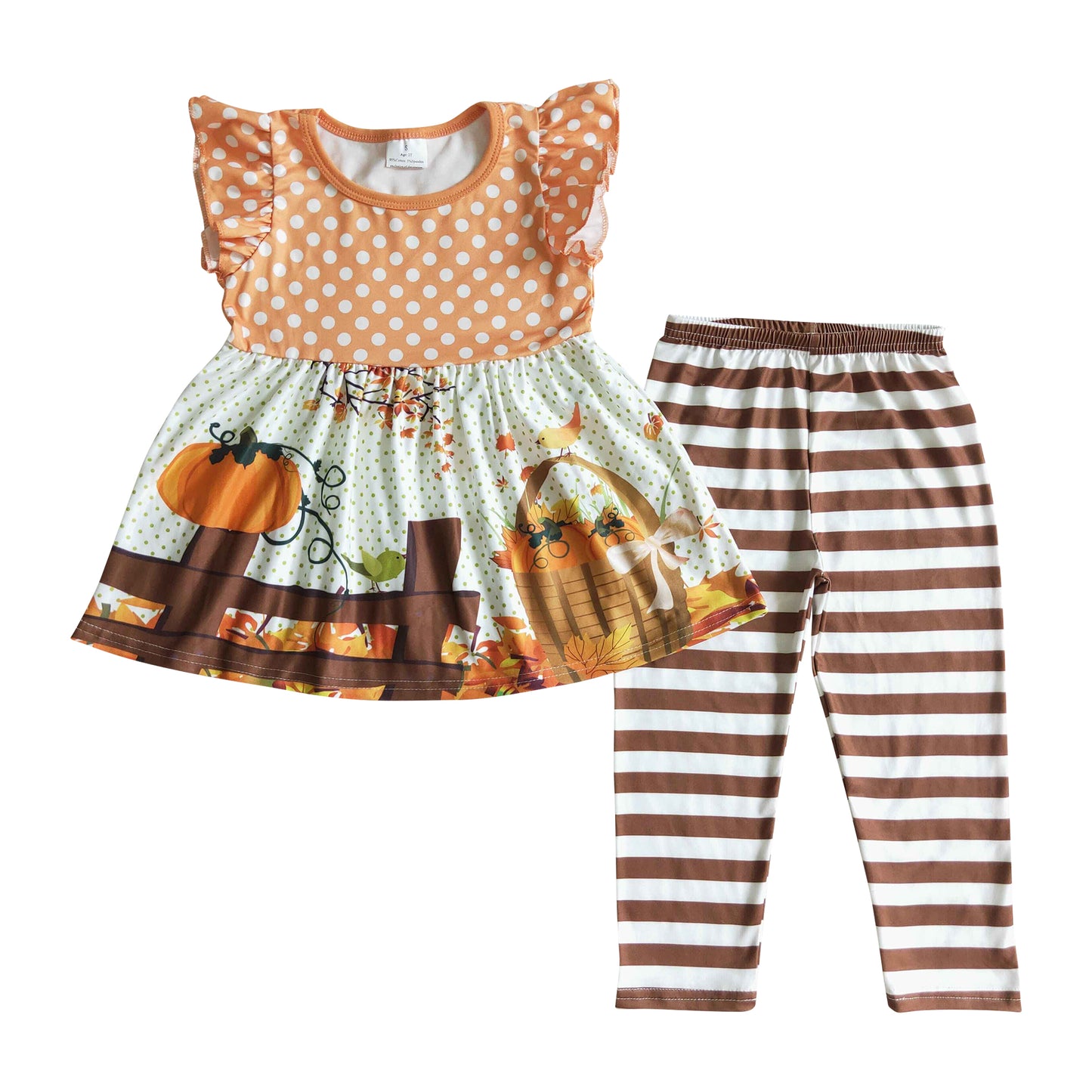 flutter sleeve pumpkin patch striped leggings outfit autumn