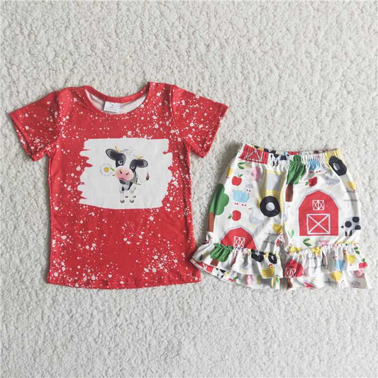 red farm cow ruffle shorts set girl summer clothes