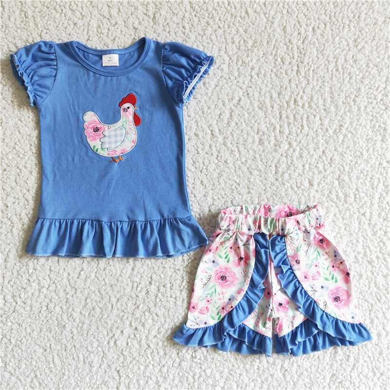 blue girl's chicken embroidery floral summer clothes shorts set