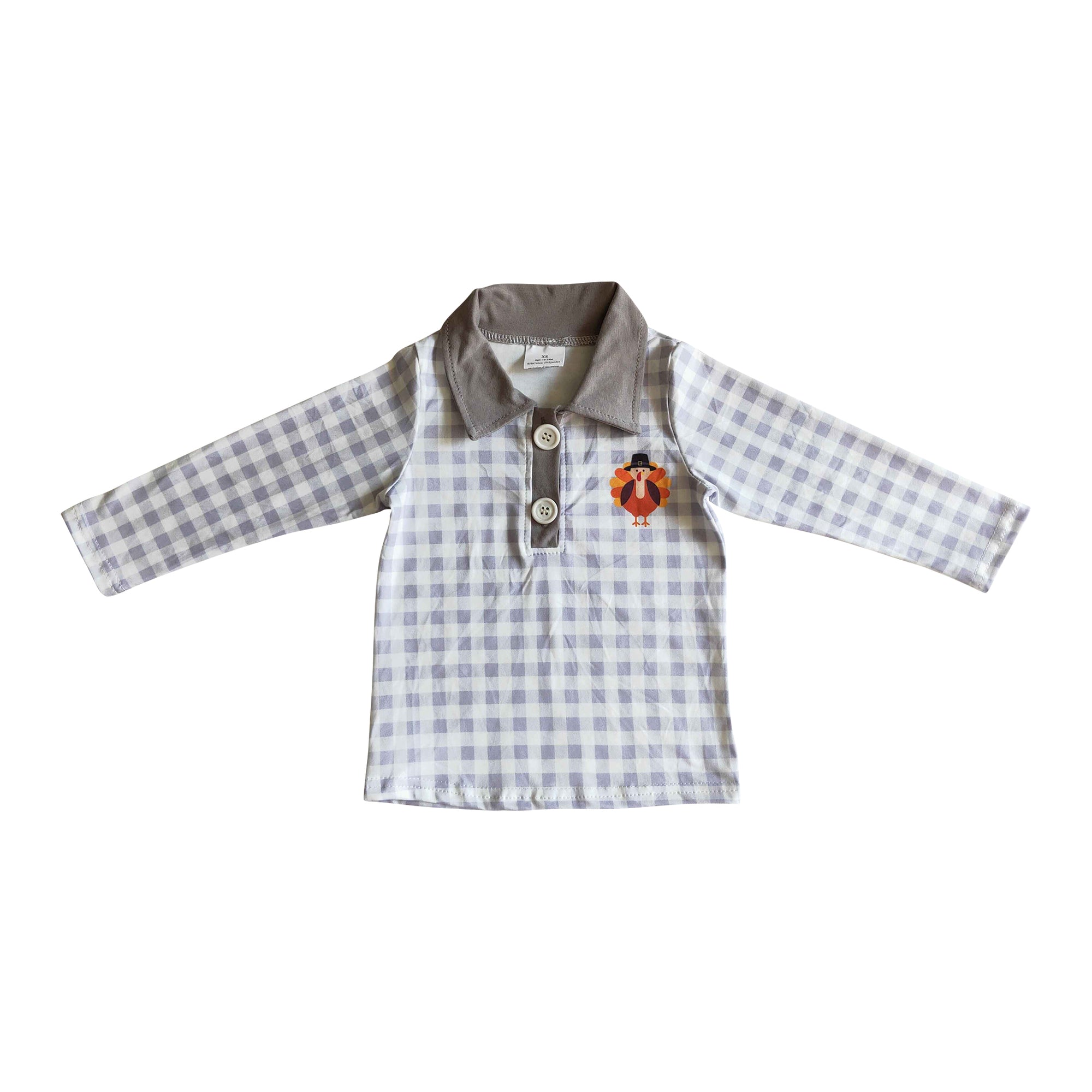 boy thanksgiving day turkey print grey plaid shirt with button