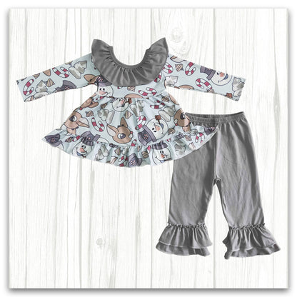 Cute Deer Snowman Tunic Top Grey Ruffle Pants Set