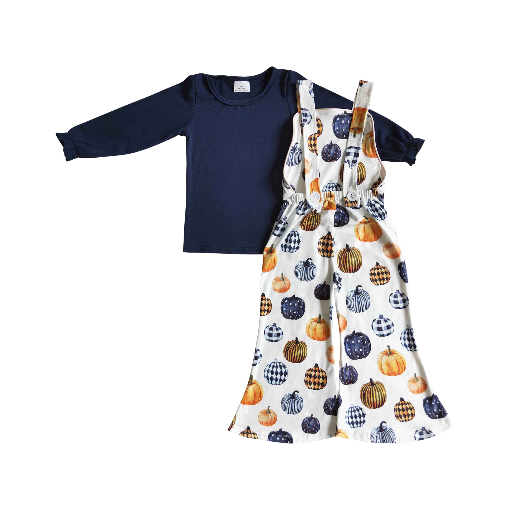 girl fall navy blue shirt multi pumpkin overall pants set