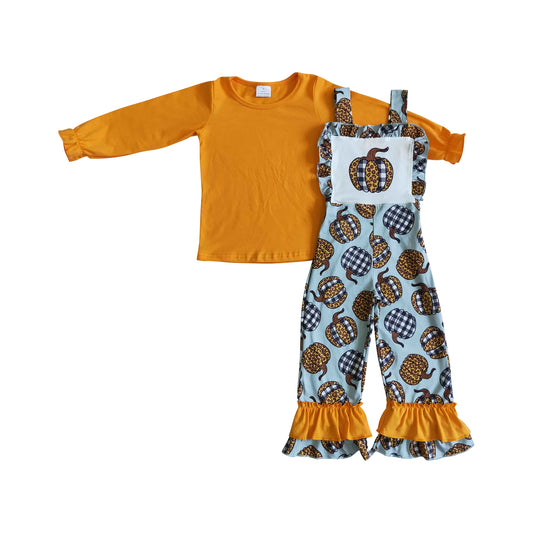 mustard shirt pumpkin overall outfit kids fall clothing for girls