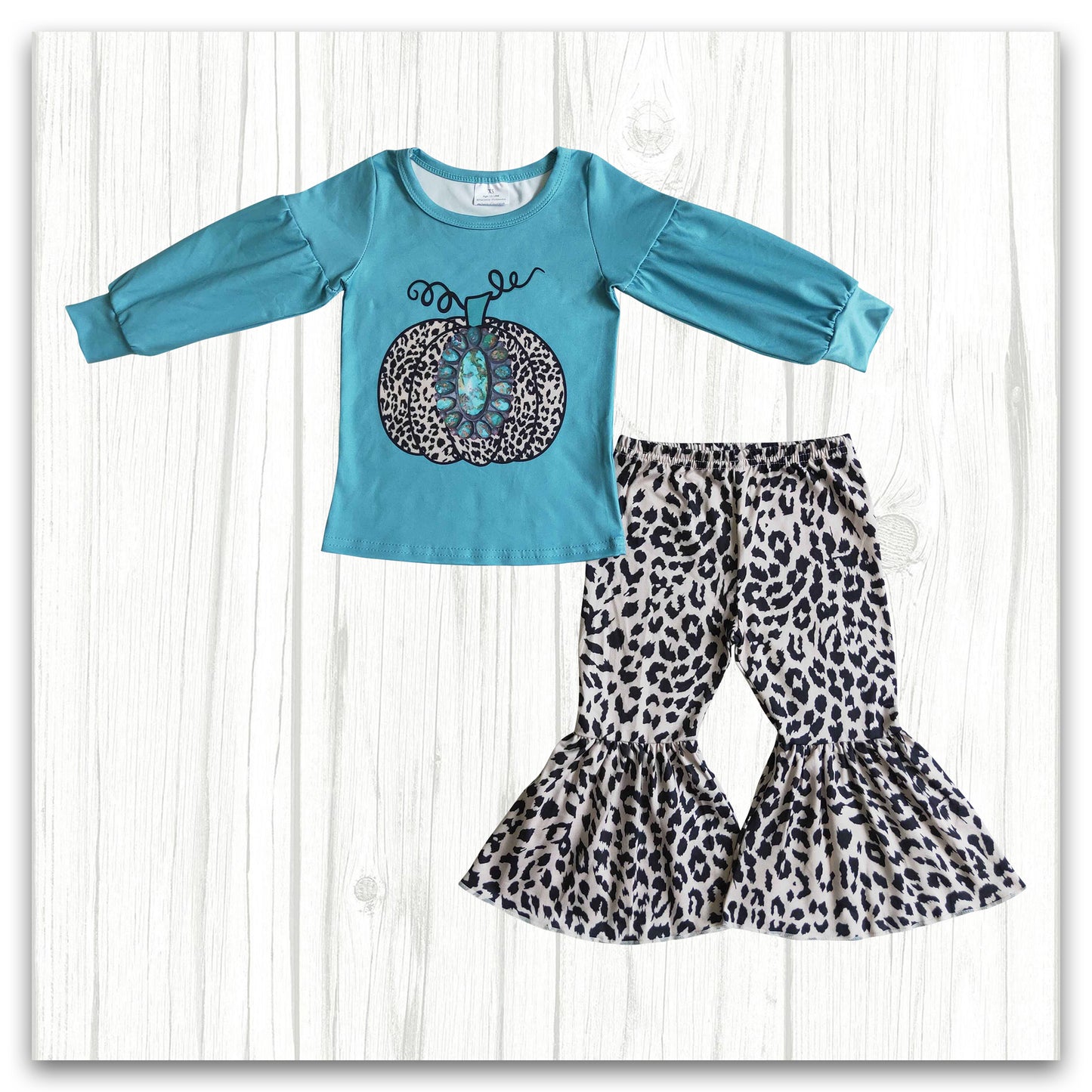 girl fall turquoise pumpkin outfit leopard pants set