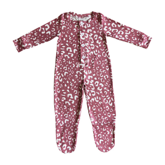 baby maroon leopard fall romper with button